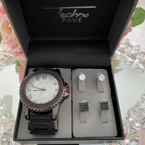 Black rhinestone watch with stud/square earrings - Picture 1 of 6